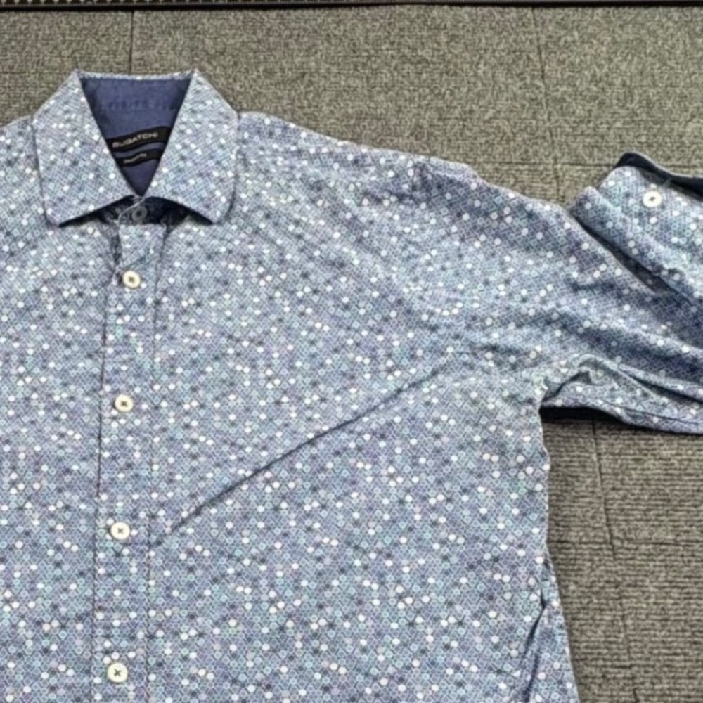 Bugatchi Mens Classic Fit Blue Geometric Floral Cotton Button Down Shirt L/S